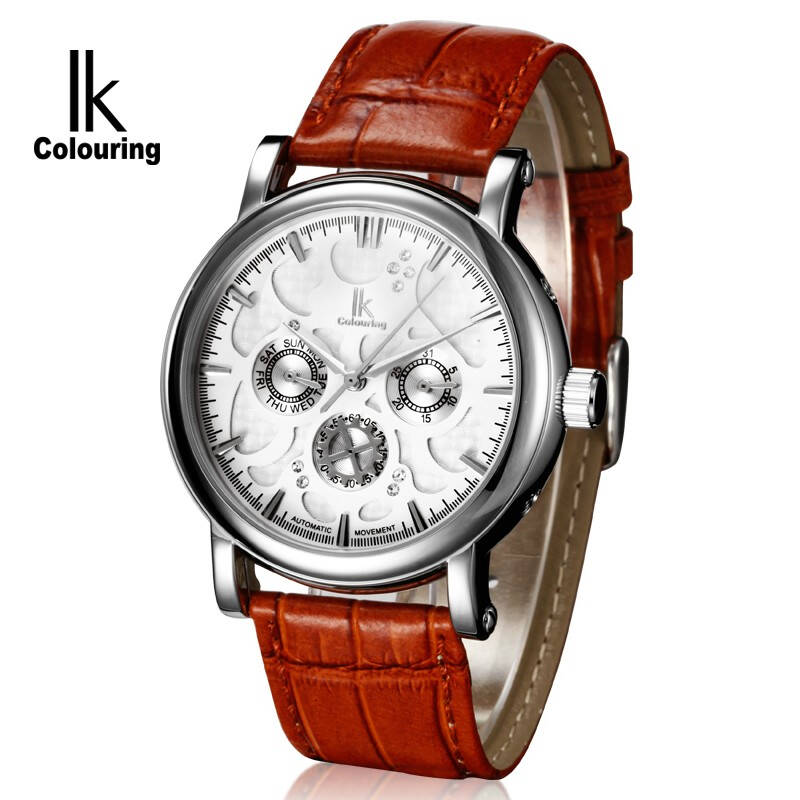 阿帕琦/ikcolouring全自动多功能机械男表皮带情侣手表-98128g 银壳棕