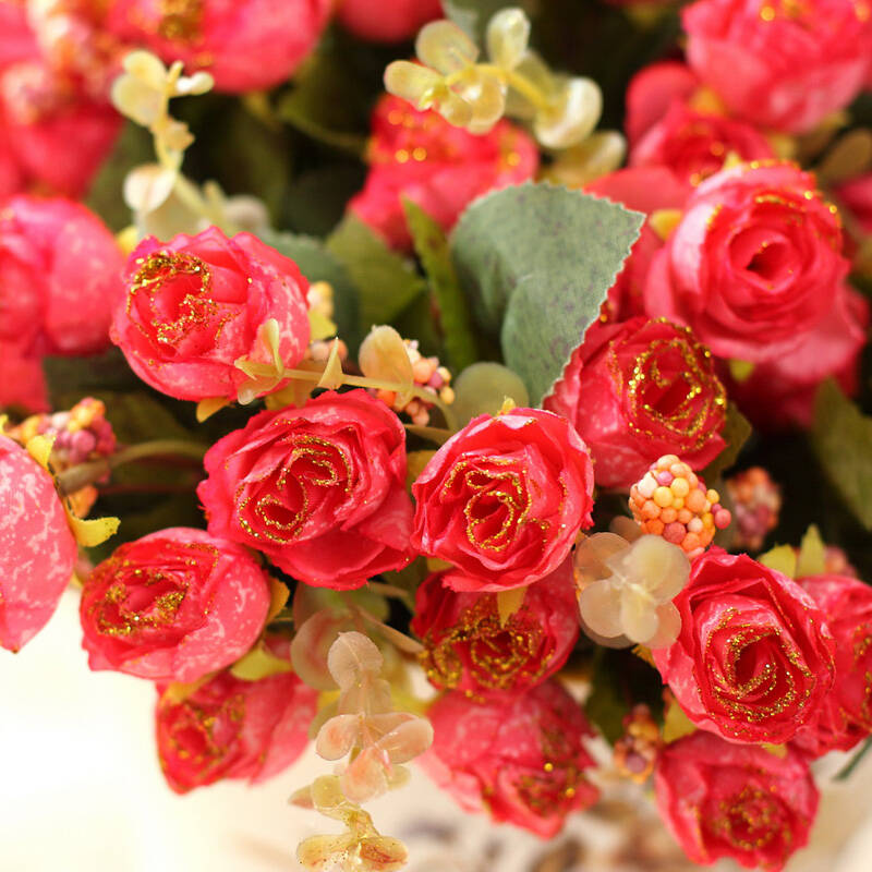 扣扣高仿真花2枝21朵金边玫瑰客厅假花装饰花卉室内装饰品干花花艺 1