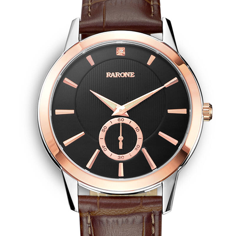 雷诺rarone 超薄皮带石英男士手表 838169 黑面玫瑰金钉