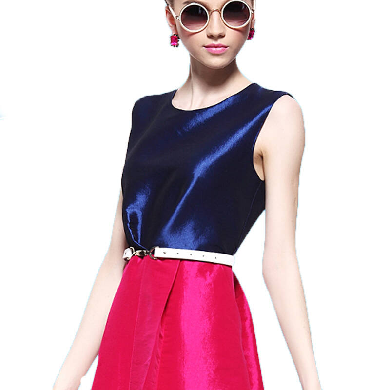 克郡拉 21014春夏最新款春装欧美拼接撞色修身显瘦a字连衣裙 红蓝拼接