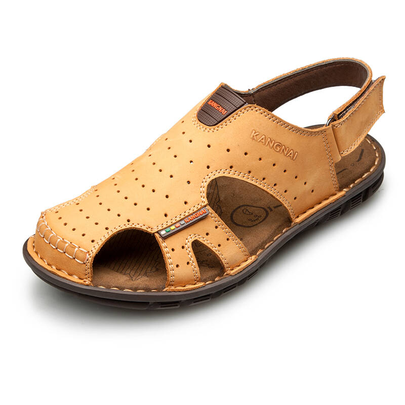 康奈(kangnai)新品真皮磨砂皮男鞋魔术贴男凉鞋沙滩鞋1141009 土黄色