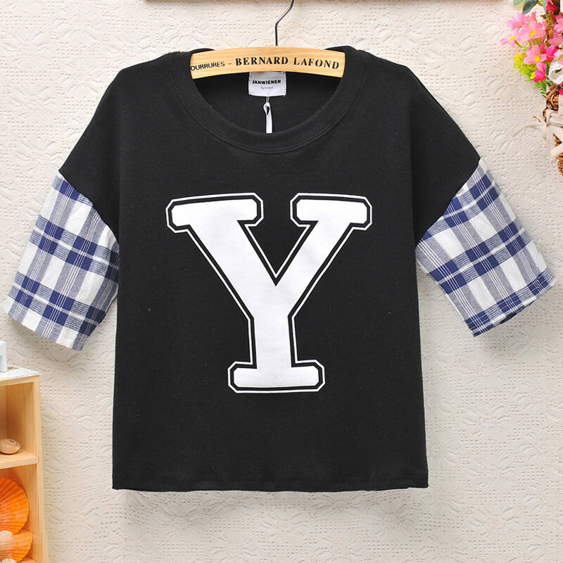 诸华衣舍2014夏装新款韩版时尚宽松y字母印花格纹袖子