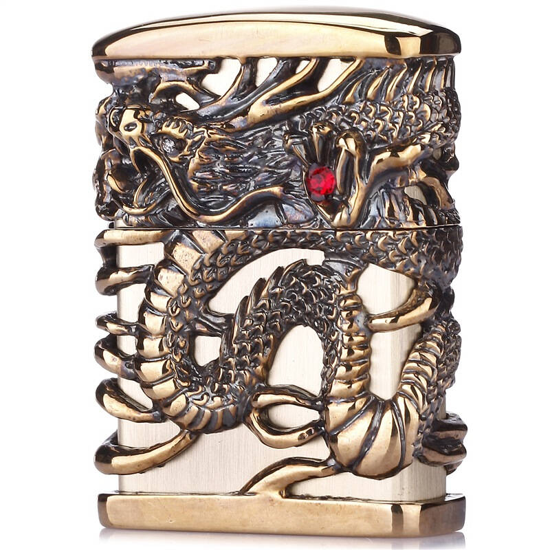 zippo 打火机盔甲加厚四面环绕飞龙-铜龙嵌水晶