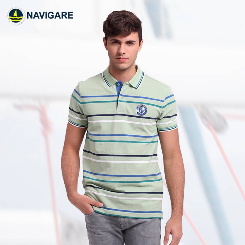 纳维凯尔 navigare新款男装夏季时尚休闲条纹短款polo领t恤 716豆绿