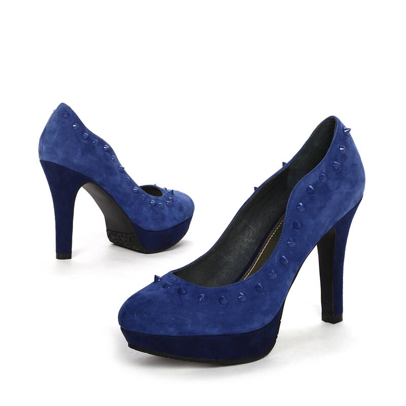达芙妮印象 时尚铆钉圆头浅口高跟单鞋 宝蓝 39