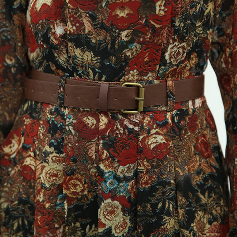 一涵2014新款女装雪纺连衣裙长袖圆领腰带印花长裙子ldb835 红牡丹花