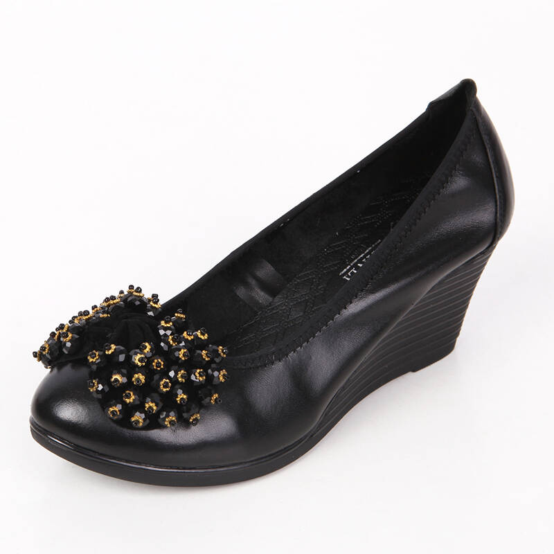 万里 单鞋 女 皮鞋头层牛皮闪亮串珠坡跟鞋 f2960 f2961 f2962 黑色f