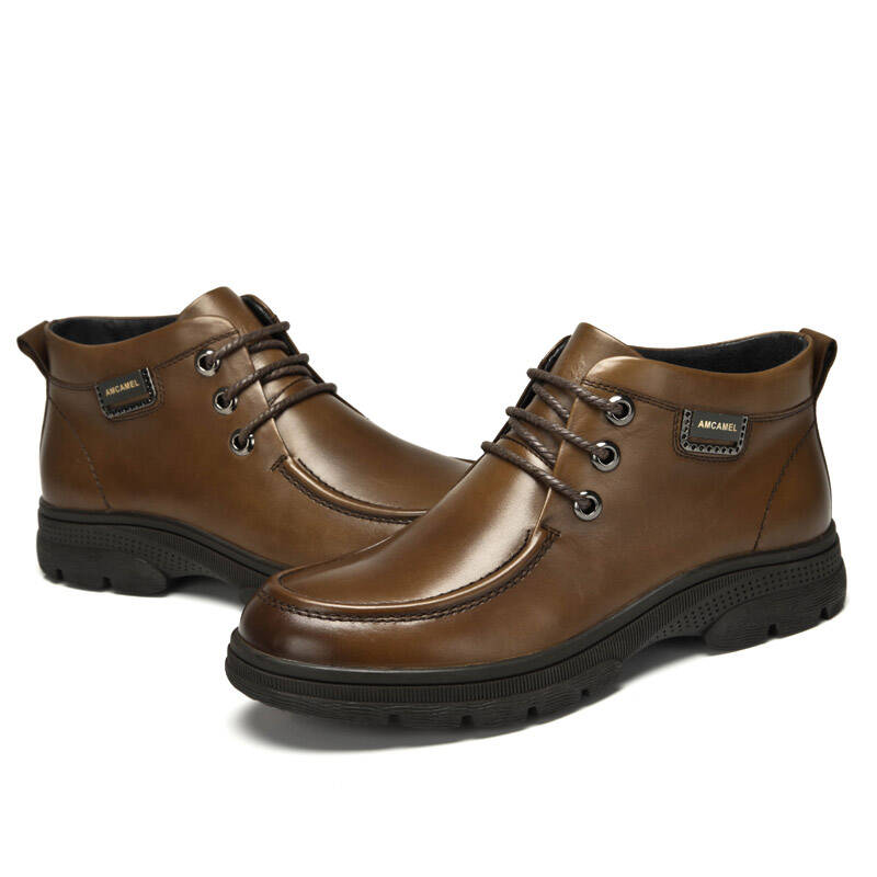 骆驼牌头层皮休闲冬季潮流系带皮靴 棕色 42