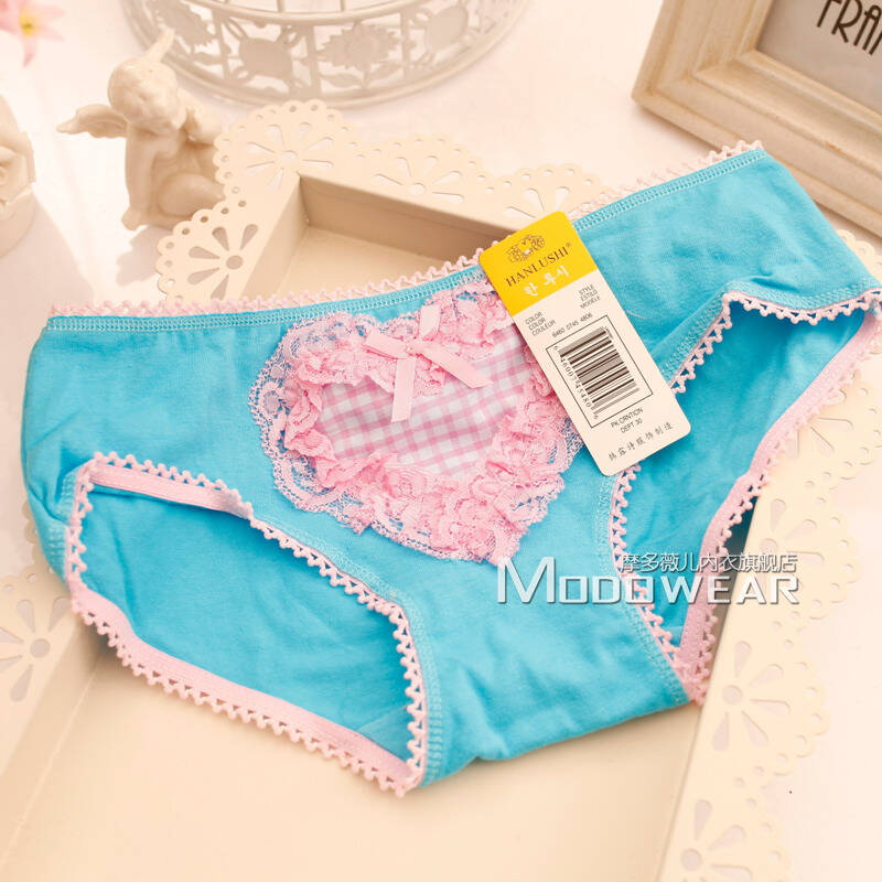 摩多薇儿 卡通可爱棉质中间爱心蕾丝边 女士内裤 棉质中间爱心-蓝色