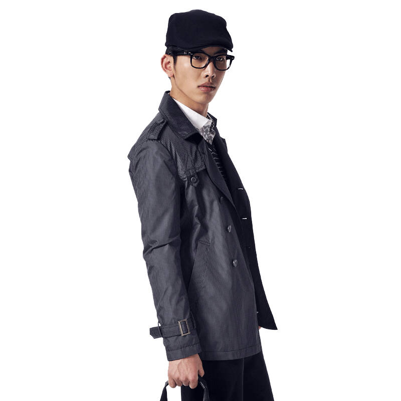 积普男士中长款男装外套 修身休闲格子布风衣 男尚薄型帅气双排扣男式