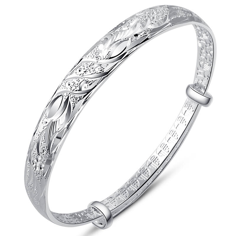 汇韩 银手镯s990纯银手镯女款民族风雕花推拉银镯子17克 银首饰品礼物