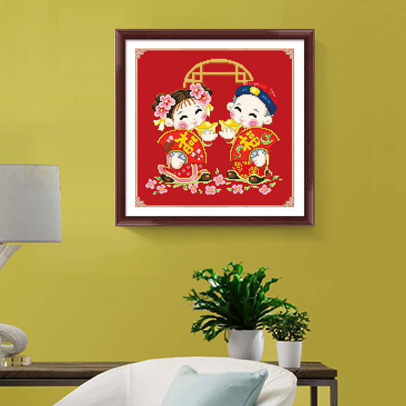 法国进口dmc十字绣套包 双福 11ct 中格红布 画格