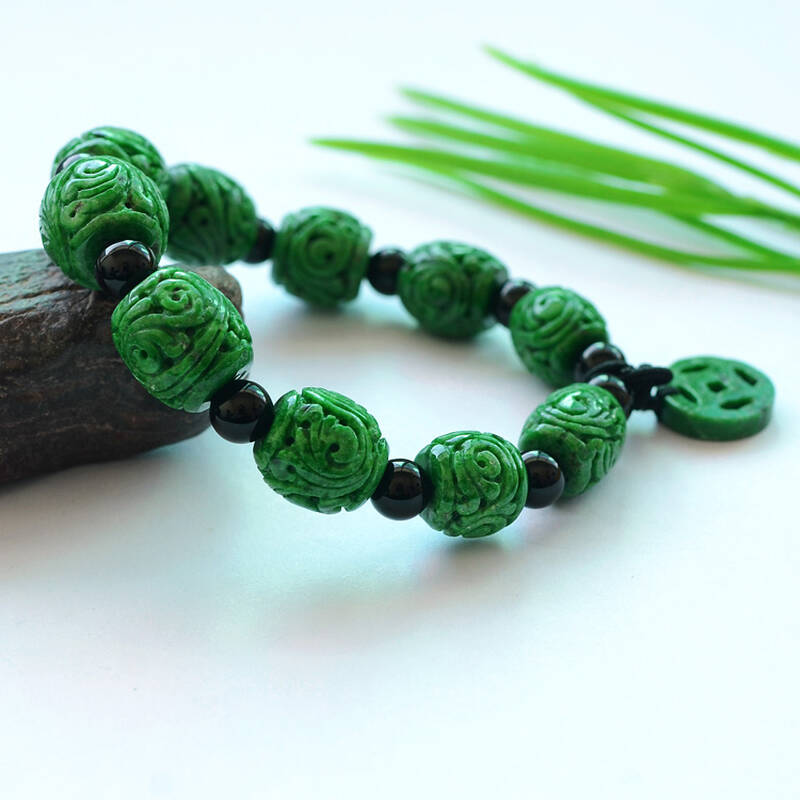 s681果敢翡翠手链 阳绿天然a货玉器玉石雕花路路通链珠子串正品