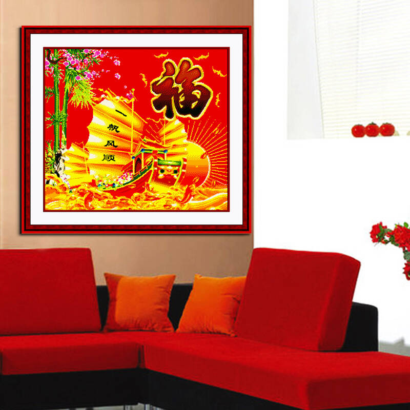 溢彩花语埃及棉,红布画格十字绣630967挂书房 客厅 卧室 挂画一帆风顺