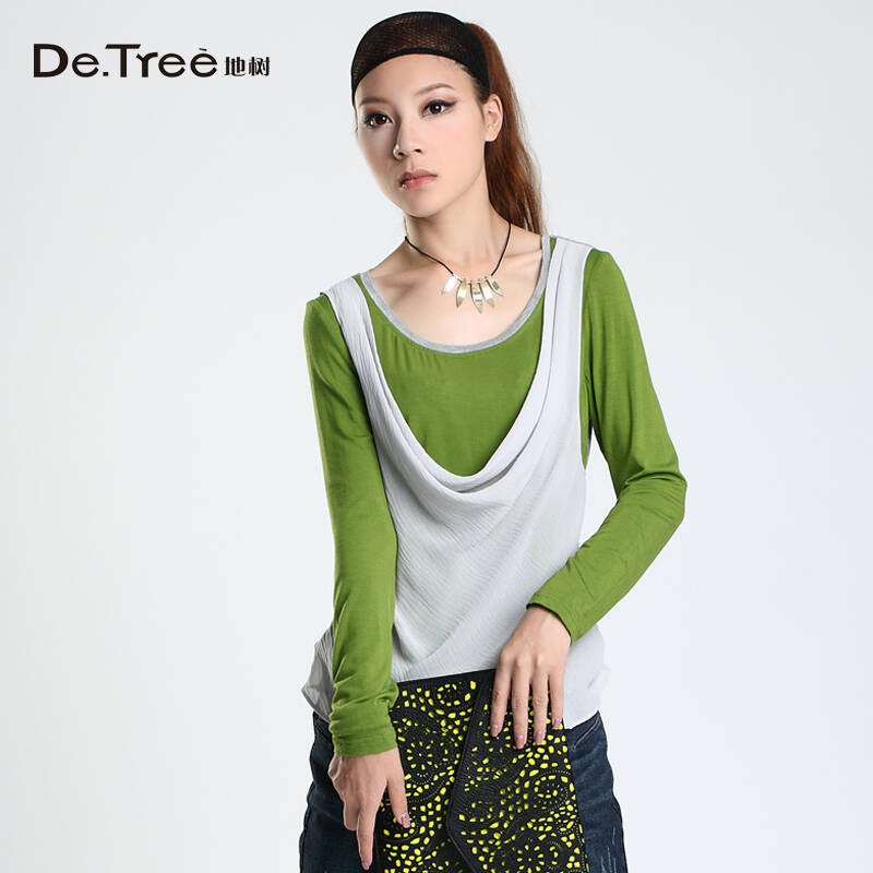 detree地树 2013新款女装雪纺拼接荡领长袖t恤韩版打底衫2330207 暗