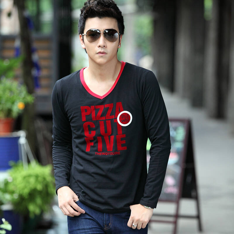 恤衣服韩版v领t恤男休闲修身男装长袖t恤 白色 l