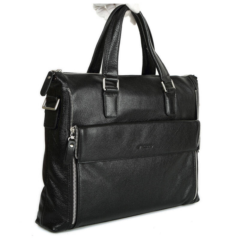 富贵鸟 男包商务休闲头层牛皮包手提包公文包包 黑色