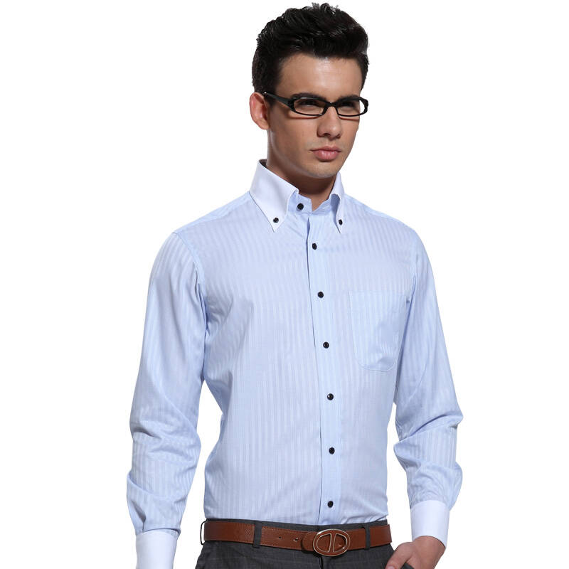 【圣诞狂欢季】蓝河blue river 衬衫 蓝方格异领免烫纯棉高档商务长袖