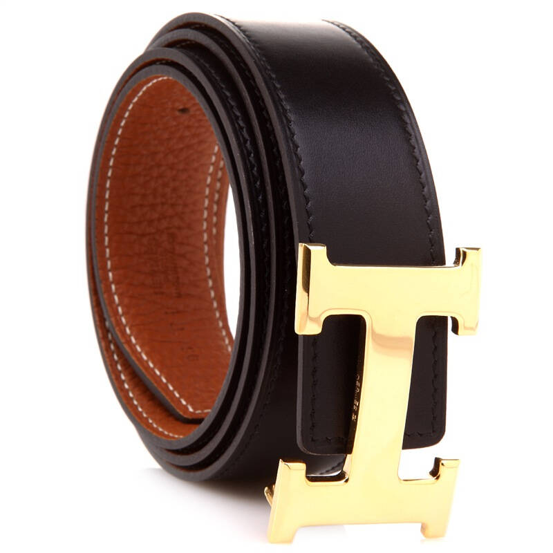 hermes 爱马仕 男士黑色浅咖啡色双面h金属扣金色o刻标志皮带95cm hm