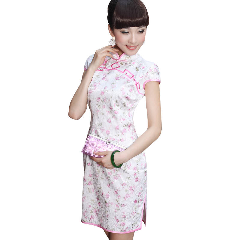 雀之恋 端庄优雅时尚印花修身短款旗袍 qd022 妃色 l