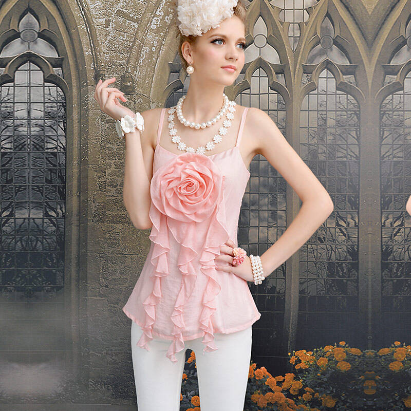 粉红大布娃娃正品 2012夏装新款粉色修身立体花朵荷叶边吊带c26te