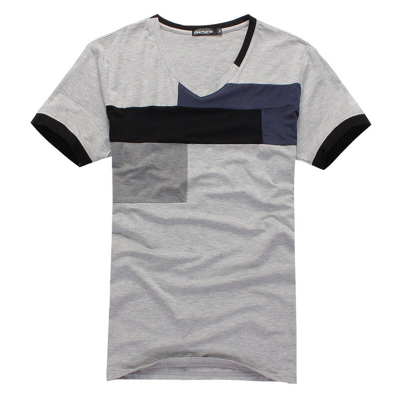 格男仕(genanx)2012舒适莱卡棉方块拼接 短袖v领 男t恤 c048-4 灰色