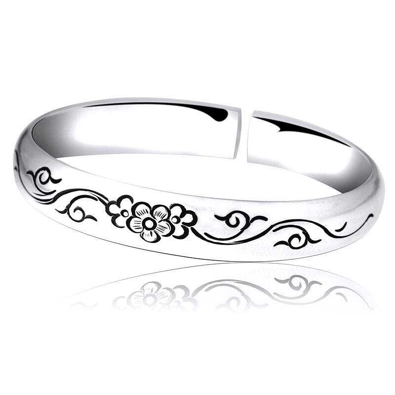 百银s990足银手镯 经典系列 古典梅花纯银手镯 约45克 纯手工雕刻花纹