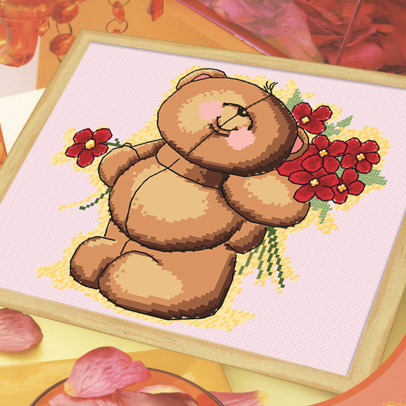 法国进口dmc十字绣套包 献花小熊 14ct-2股-亚麻布