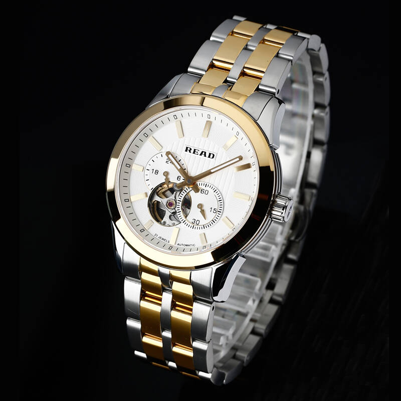 锐力(read)手表 钢表带机械男表r8006g 白面间金钢带男表