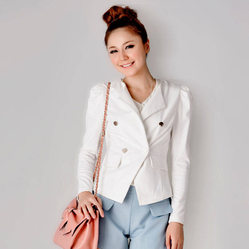 lisalisa/丽莎丽莎 泡泡袖无领小西装 长袖外套 bb2705 白色 s