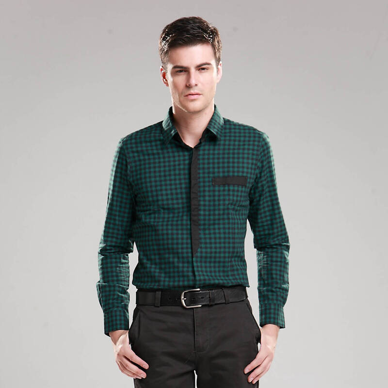 qingsen/情森 秋冬英伦修身细格纹格子全棉长袖衬衫衬衣 绿格 43