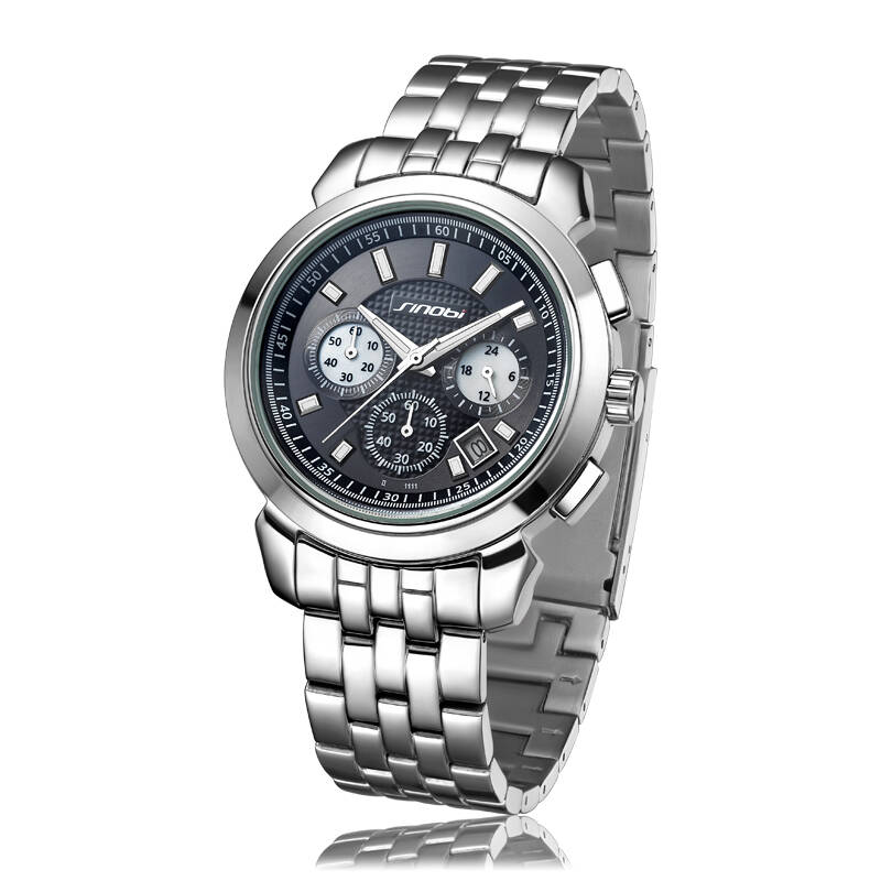 时诺比(sinobi)尊系列2012全新款精钢手表 1111g 黑面银钉 钢带