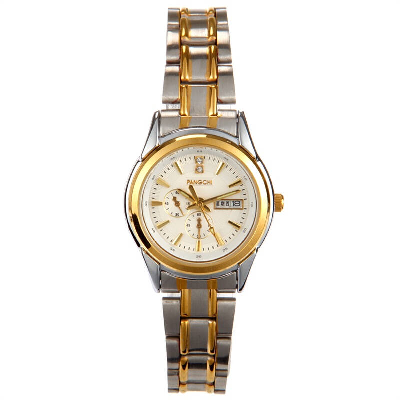 pangchi鹏志 时尚情侣白色表盘双日历女士间金钢带腕表2215