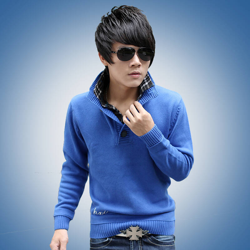 2012秋冬新款韩版男装假两件格子衬衫领毛衣男士厚针织线衣3227 蓝色