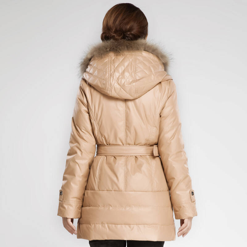 yeshon雁皇 羽绒服女 反季促销 大毛领修身 中长款外套[ye683] 杏粉色