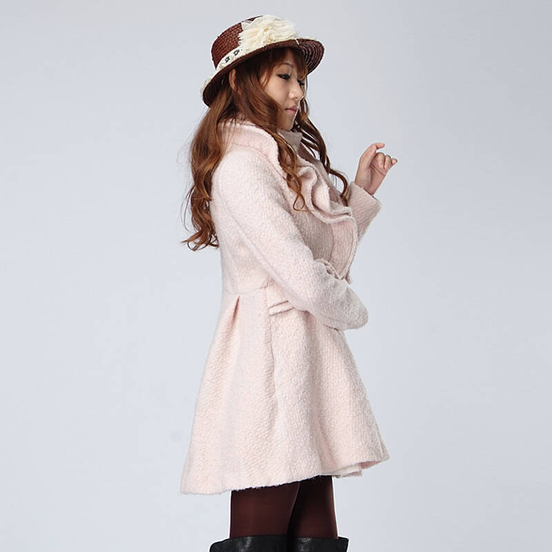 bessie贝茜 品质女装秋冬装新款 立领胸前荷叶边毛呢女大衣外套bs11