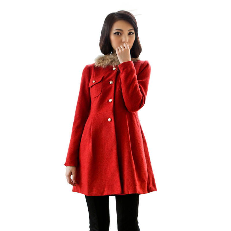 2012冬季新品时尚通勤双排扣貉子毛领中长大衣二色ls112898 103红色 l