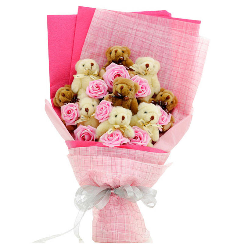 卡通花公仔娃娃花束9只泰迪熊 情侣 生日 婚庆 女生礼物 艳粉红色