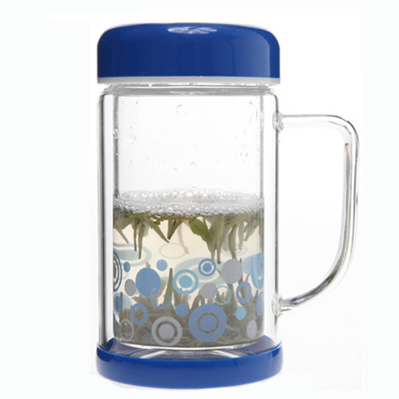 富光双层玻璃杯带盖耐热茶杯 透明杯子 水杯320ml 深蓝色 260b-320 海