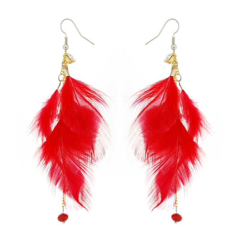 韩国韩版欧美波西米亚羽毛长耳环无耳洞耳环 耳饰e50229 红色