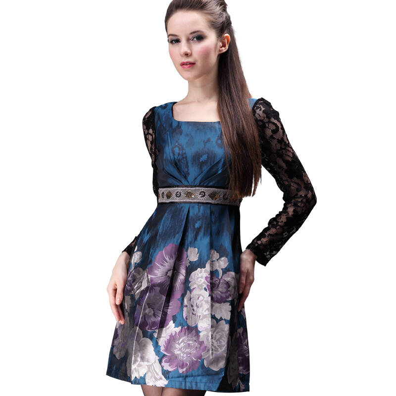 菲梦伊 2013早春新款 女 复古印花圆领长袖大码修身连衣裙 fx344 图片