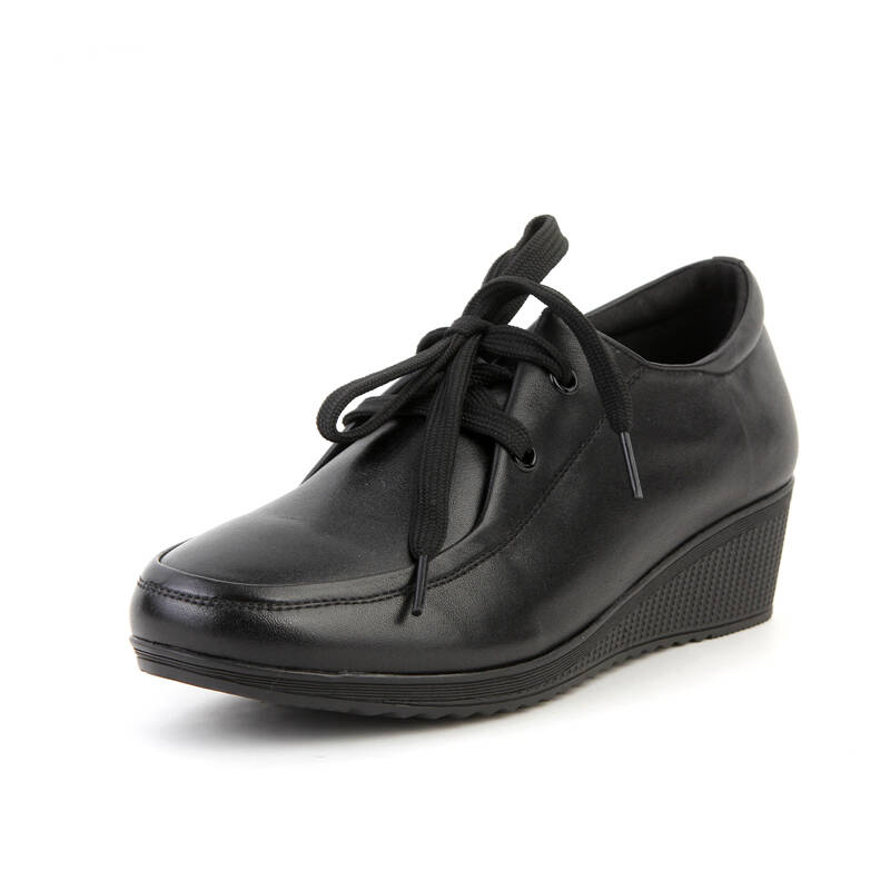 凯森2012秋季新款真皮女鞋9168 头层牛皮坡跟系带圆头女单鞋 黑色 40