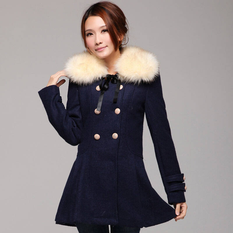 日系气质 可拆卸毛领 羊羔绒夹绒加厚 耸肩修身毛呢外套大衣 9921 藏