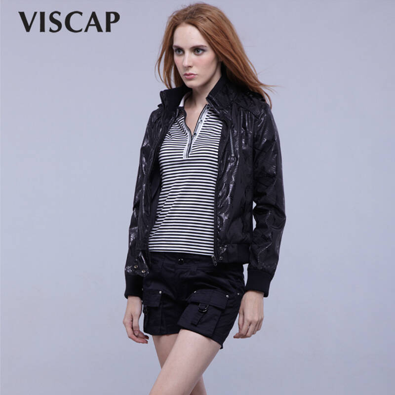 viscap维斯凯女装 秋季格纹机车螺纹pu薄夹克外套602373780 31 l