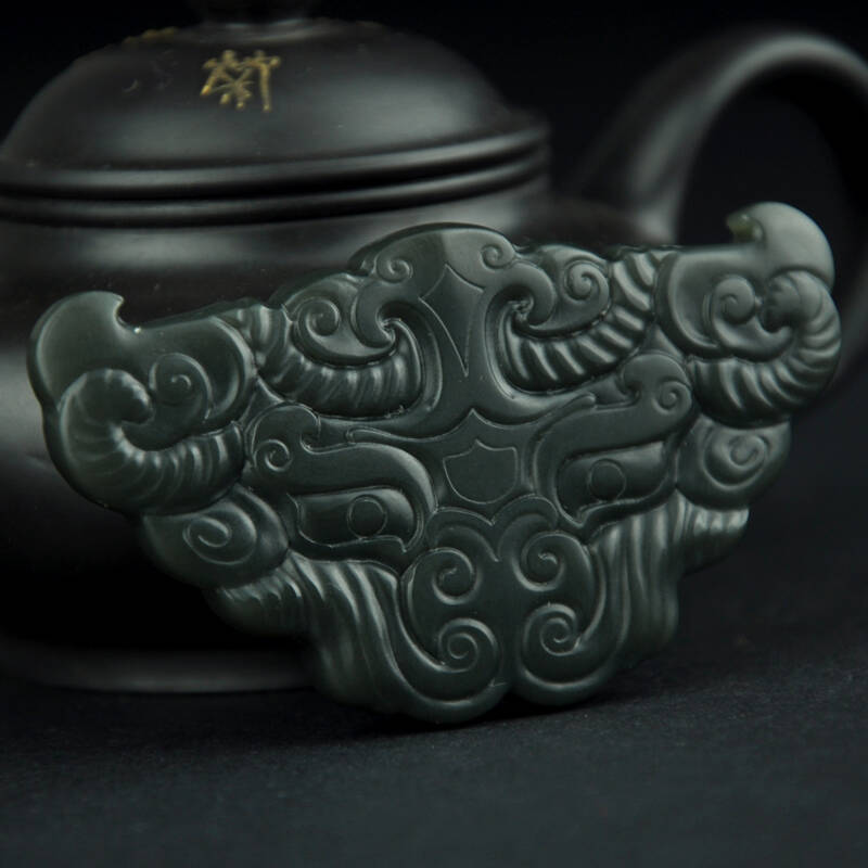 玉友 和田玉青玉细料饕餮纹兽玉佩 a188308 附鉴定证书