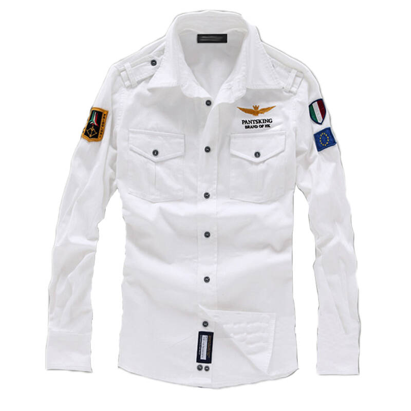 幸福时光 新款衬衫 精美刺绣立领休闲空军一号纯棉 男士长袖衬衫 (ca)