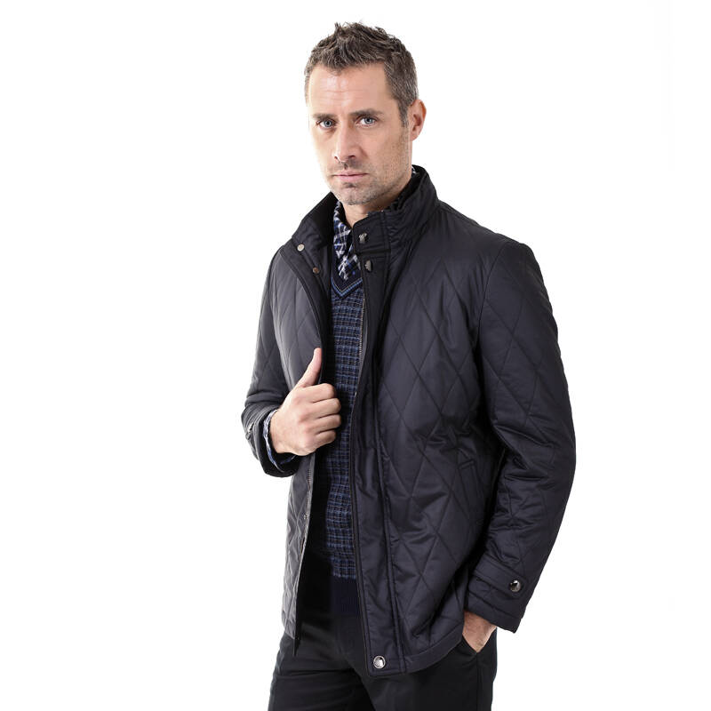 奥肯aoken 男士纯色休闲修身棉服 高级工艺翻领黑色深色外套81033 藏