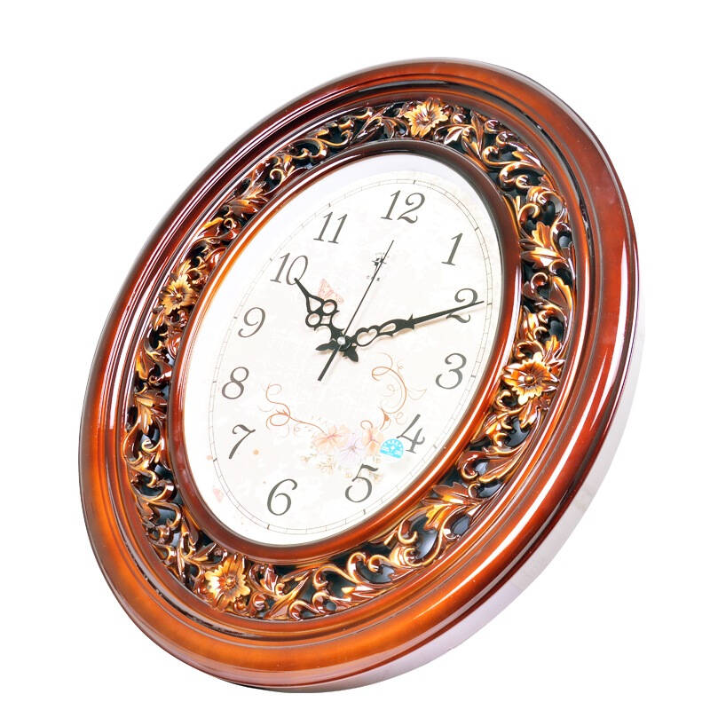 挂钟椭圆形客厅石英钟欧式复古静音石英钟表 2877 红木金色 - 京东