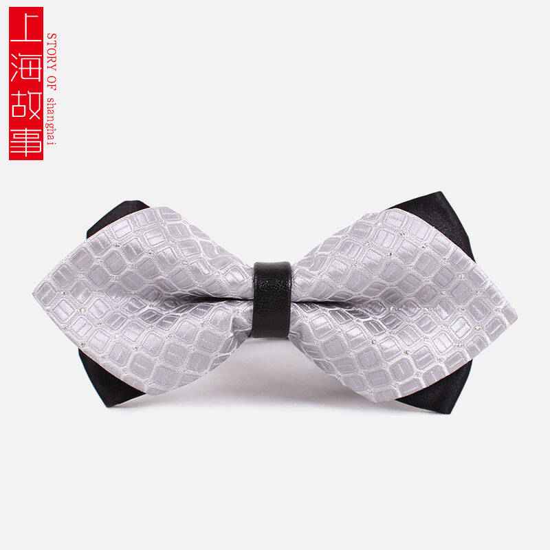 上海故事男士韩版尖角优雅双层领结 结婚派对必备 新郎正装领结 银色