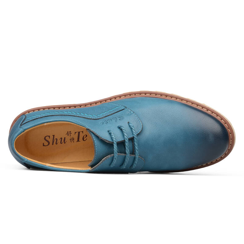 舒特韩版潮流男士真皮系带休闲鞋子 牛津地休闲鞋工装鞋皮鞋子 蓝色